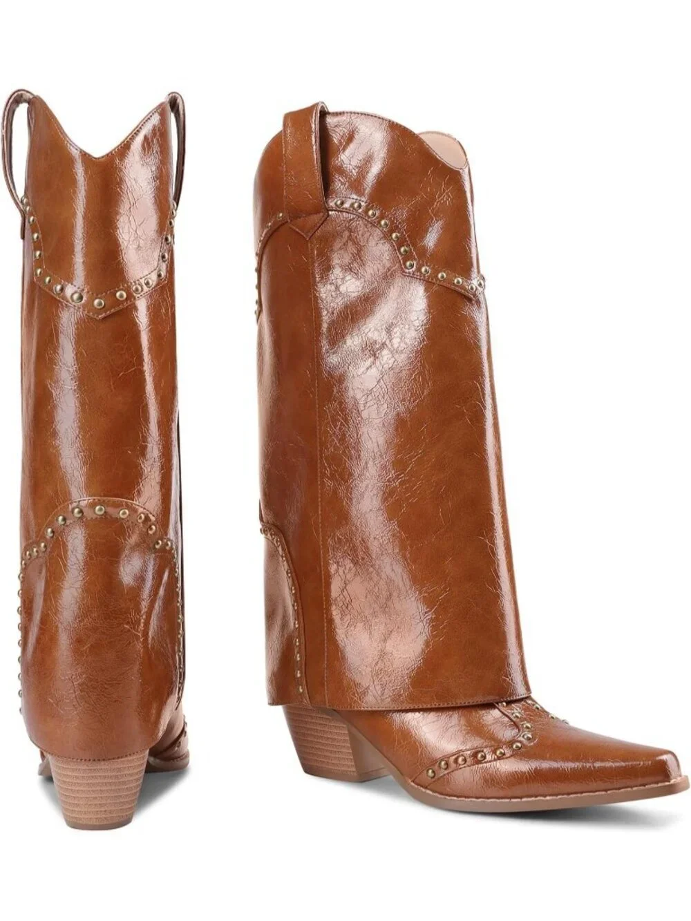 Women's Brown Patent Shark Boots Knee High Cowboy Cowgirl Fold Over Chunky Heel